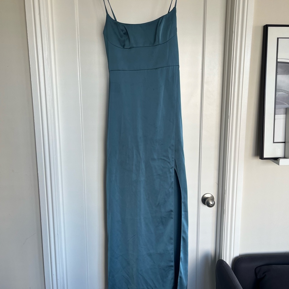 Azazie A-Line Side Slit Satin Floor Length Gown, blue (Bermuda), size 4A